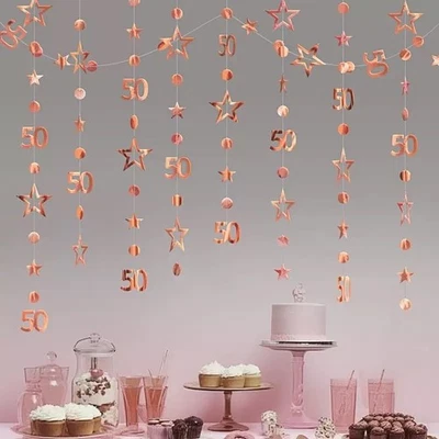 Guirnalda de 50 cumpleaños oro rosa 50 puntos circulares centelleante estrella Streamer... Foto 1 de 4