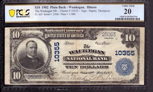 1902 $10 WAUKEGAN NATIONAL BANK NOTE CURRENCY ILLINOIS PCGS B VERY FINE VF 20 - Picture 1 of 4