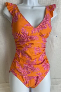Ellen Tracy Neon Pink Orange Ruffled Strap Ruched 1 Piece Swimsuit 6 New w/o tag - Picture 1 of 8