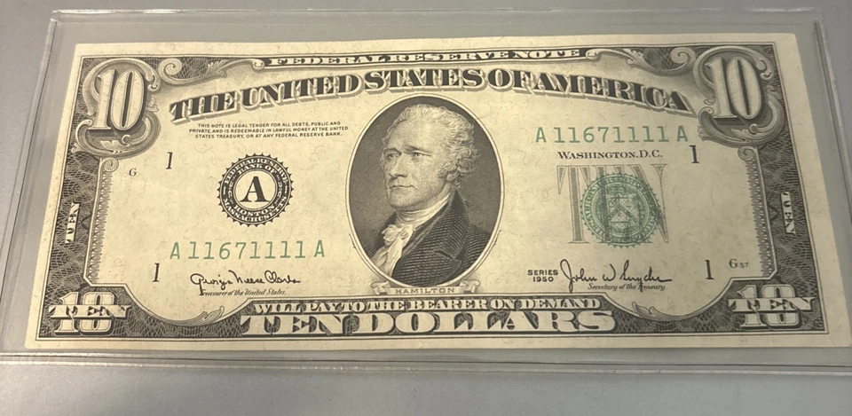 FR. 2010 $10 1950 Federal Reserve Note FRN Poker Serial 6 of a Kind 11671111 CU - Image 1 of 2