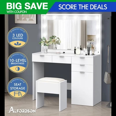 ALFORDSON Dressing Table Stool Set Makeup Mirror Desk 12 LED Bulbs White - image 1 of 4
