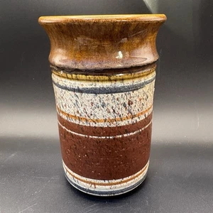 Vintage Westlin Studio Pottery Vase Brown Speckled Striped Stoneware 6.5” Rustic - Picture 1 of 7