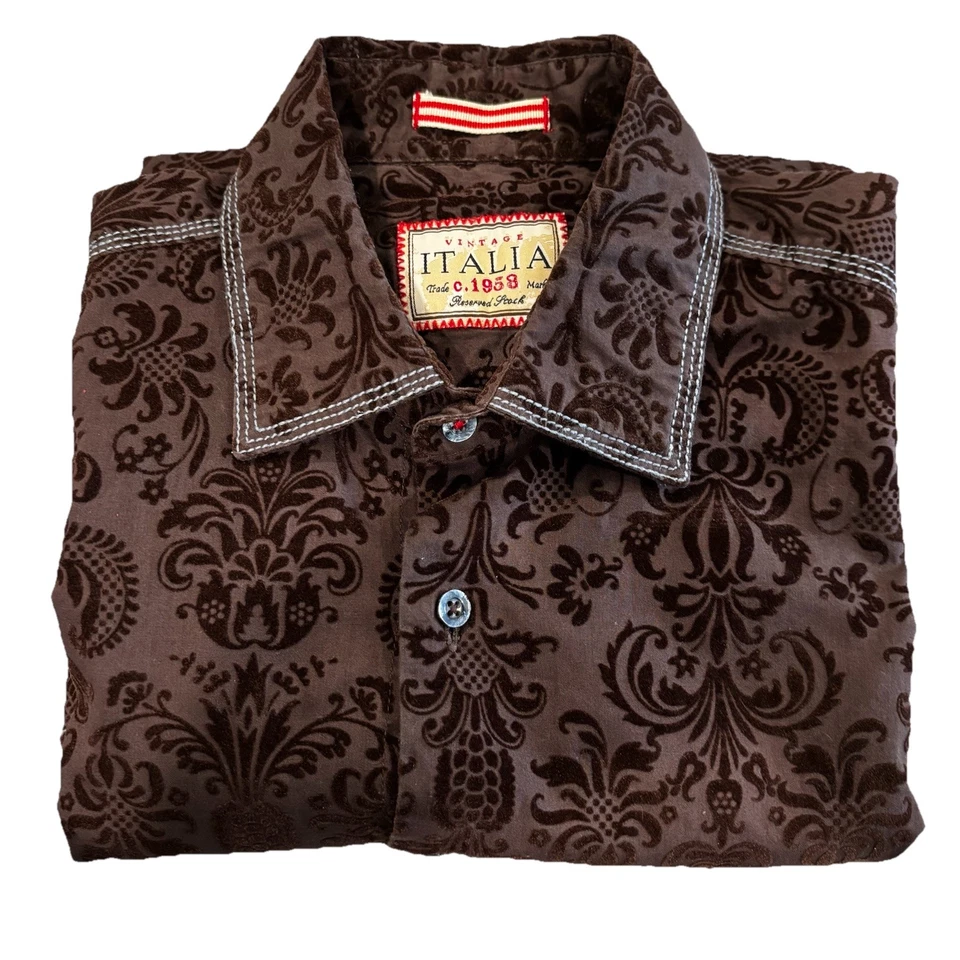 Camisa de veludo marrom vintage italiana tamanho médio padrão damasco floral algodão G/S - Imagem 1 de 4
