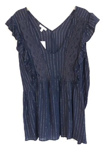 Maurices Top 2X Blue Metallic Silver Pinstripe Sleeveless Ruffles Embroidery NWT - Picture 1 of 11