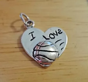 Sterling Silver 19x16mm says I Love on Heart with Basketball Charm - Picture 1 of 3