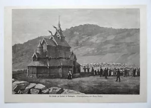 Kirche von Laerdal in Norwegen. Zeichnung von Georg Nielsen, Holzstich von 1885 - Bild 1 von 1