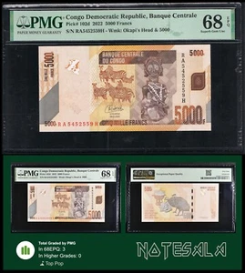 CONGO 5000 5,000 FRANCS 2022 Pick-102d PMG 68 SUPERB GEM UNC ***TOP POP*** - Picture 1 of 4