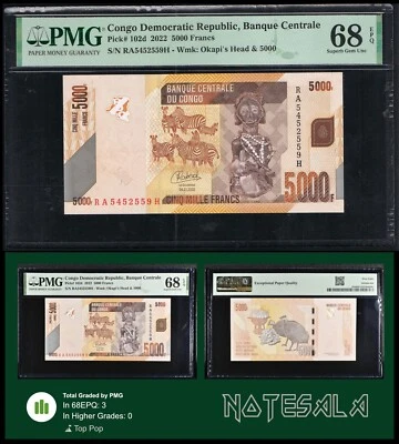 CONGO 5000 5,000 FRANCS 2022 Pick-102d PMG 68 SUPERB GEM UNC ***TOP POP*** - Image 1 of 4