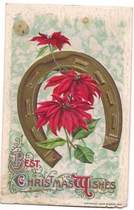 BESTE WEIHNACHTSWÜNSCHE Weihnachtsstern Gold Hufeisen Postkarte geprägt DB 1910 - Bild 1 von 2