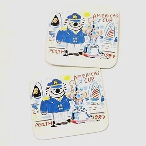 Americas Cup Perth Ken Done 1987 Set of 2 Drink Coasters Sailing Barware  - Picture 1 of 5