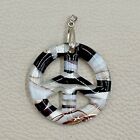 Peace Sign Glass Pendant, bail marked 18KGP Black White Brown Swirl Round 2.5"