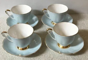 Lot Set 4 Vintage QUEEN ANNE Fine Bone China TEACUPS & SAUCERS Trio Pastel Blue - Picture 1 of 4