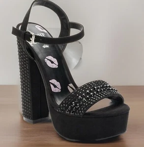 JUICY COUTURE Heels Womens Sz 7 Black Trice Bumper Studded Rhinestone Platforms - Picture 1 of 9