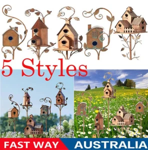 Metal Birdhouse Art Stake Outdoor Rustic Bird House Stand Garden Yard Decor - Picture 1 of 16