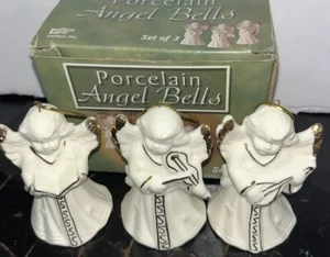 3 Vintage Porcelain Christmas Angel Bell Ornaments Ivory & Gold, Instruments, 4" - Picture 1 of 4