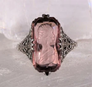 Vintage Intaglio Purple Glass Ring Sterling Silver Size 9.25 - Picture 1 of 5