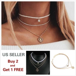 Triplelayer Fashion Women Lady Pearl Heart Choker Necklace Charm Chain Jewelry D - Picture 1 of 7