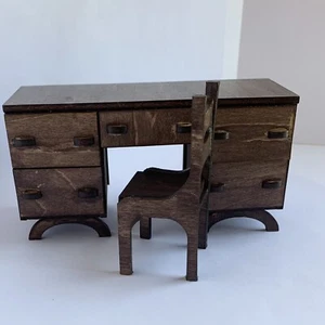 Mid Century Modern Desk & Chair 1:12 Scale Dollhouse Miniature Walnut Finish - Picture 1 of 9