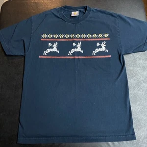 Adult Large Christmas Reindeer Navy Blue T-Shirt “Christmas Sweater” Style Print - Picture 1 of 8
