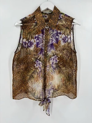 Top donna Alberto Makali con bottoni grande marrone viola 100% seta leopardato floreale - Immagine 1 di 4