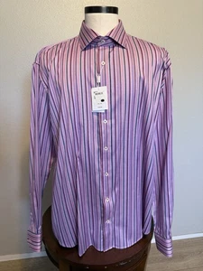 Bugatchi Uomo Shirt Mens 3XL Shaped fit Pink Striped Flip Cuff Button Up NEW - Picture 1 of 17