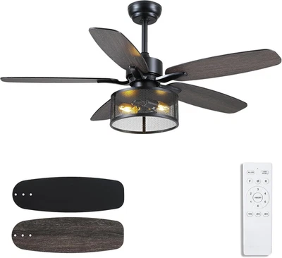 48" Black Farmhouse Ceiling Fan with Light and Remote Industrial Cage Design - Image 1 of 4