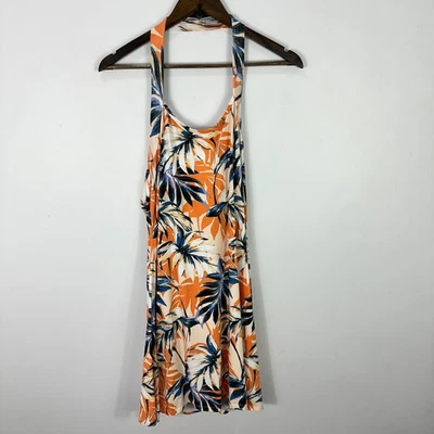 Venus XL Tropical Palm Print Halter Dress Orange Blue Resort Vacation Beach - Image 1 of 4