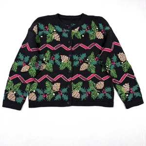 Maglione natalizio vintage donna grande cardigan pino agrifoglio bacche ricamato - Foto 1 di 15