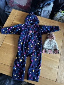 Jojo Maman Bebe Pramsuit 12-18 Months Cosy Flowers With Hood And Zips - Picture 1 of 1