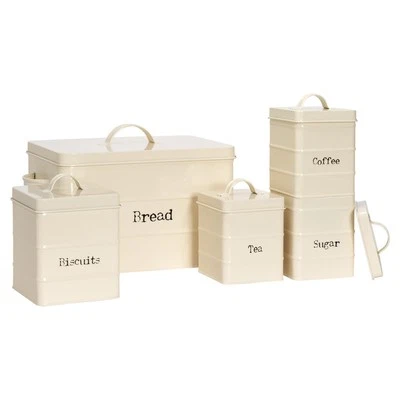 5x Kitchen Storage Canisters Set Tea Coffee Sugar Bread Vintage Metal Cream - Image 1 of 4
