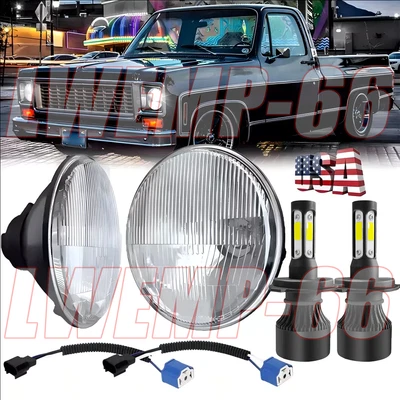 Pair 7" Round LED Headlights Hi-Lo Lamp For Chevy C10 C20 C30 Suburban 1975-1980 - Image 1 of 4