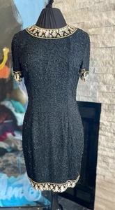 Vestido de cóctel vintage Lillie Rubin negro y dorado con cuentas de lentejuelas talla 12 - Imagen 1 de 18