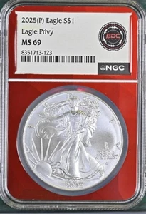 2025-(P) Silver Eagle 1 oz. $1 Eagle Privy NGC MS69 EDC PLUG RED CORE - Picture 1 of 3