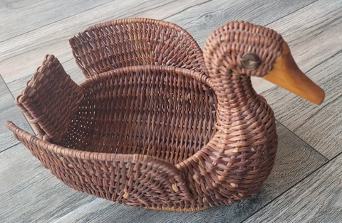 Vtg Wicker Duck Basket Planter Woven Rattan Boho Decor Wood Bill Button Eyes 8" Cover