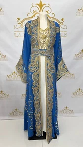 Fancy Kaftan Dress 3Pc Golden Embroidery & Beads Paisley Design Women Long Abaya - Picture 1 of 3