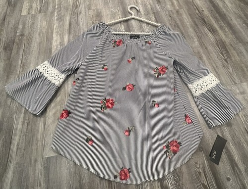Camicetta donna ALYX blu navy bianca a righe ricamate pizzo maniche a campana 3 4 nuova con etichette S
