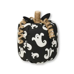 Primitive PUMPKIN Halloween Black & White GHOST Fabric Wood Stem 4x5" - Picture 1 of 1