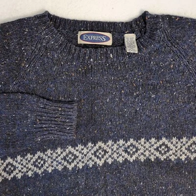 Vintage EXPRESS WOOL Nylon Blend Crew Neck Sweater Blue Fair Aisle Adult XL - Image 1 of 4