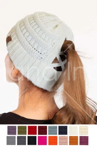 C.C Exclusive Criss Cross tail Ponytail Messy Bun Ribbed Knit Beanie Hat Cap - Picture 1 of 26