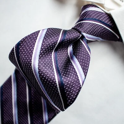 TOM JAMES Purple Blue Silver Lavender Striped Woven Silk Necktie 57.5"L x 3.5"W - Image 1 of 4