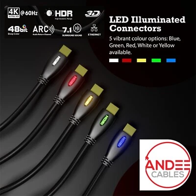 LED LIGHT UP HDMI BRAIDED Cable 4K High Def ARC Video Lead in 5 Colours Xbox Ps4 - Image 1 of 4