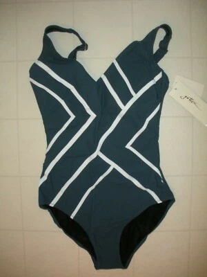 GOTTEX  Teal & White Mirage 1 Piece V Neck Style Swimsuit Sz 10 NWT - Image 1 of 2