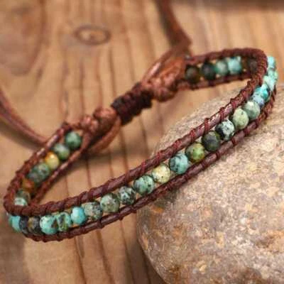 Handmade 6MM natural stone bead cowhide rope braided bracelet Craft Healing - Image 1 of 4