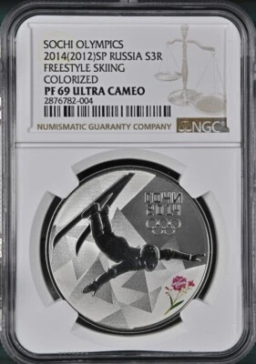2014 (2012)SP RUSSIA SILVER 3 RUBLES - FREESTYLE SKIING - COLORIZED, PF-69 UCAM - Image 1 of 4