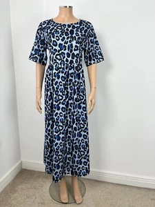 New Blue Black Animal Leopard Print Fit & Flare Short Sleeve Midi Dress L 14 - Picture 1 of 9