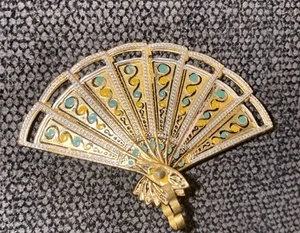 Vintage Gold Tone Enamel Damascene Retractable Hand Fan Brooch Pin Pendant - Picture 1 of 3