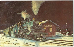 Chicago & North Western Railway, Wilton, Wisconsin Depot Night Painting Postcard - Picture 1 of 2