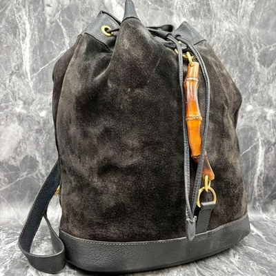 GUCCI 003.2855.0043.0 Suede Leather Bamboo Backpack Black Gold Logo From Japan - Image 1 of 4
