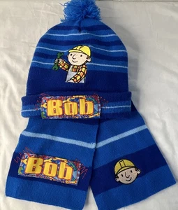 Bob The Builder Knit Hat & Scarf Set Children’s Size 4-6 Winter Pom Pom Beanie - Picture 1 of 14
