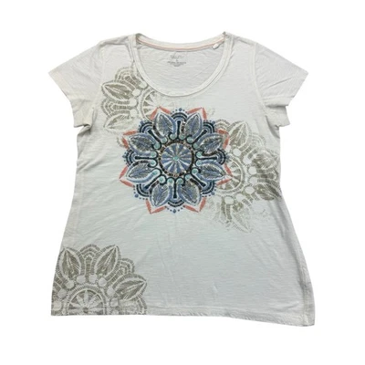 Sonoma Shirt Womens Large L White Blue Floral Embroidered Sequins Short Sleeve - Image 1 of 4